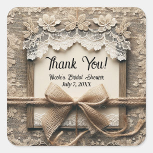 Vintage Romantic Floral Lace Burlap Bridal Shower Square Sticker