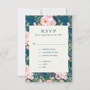 Vintage Romantic Florals in Blue Wedding RSVP Card
