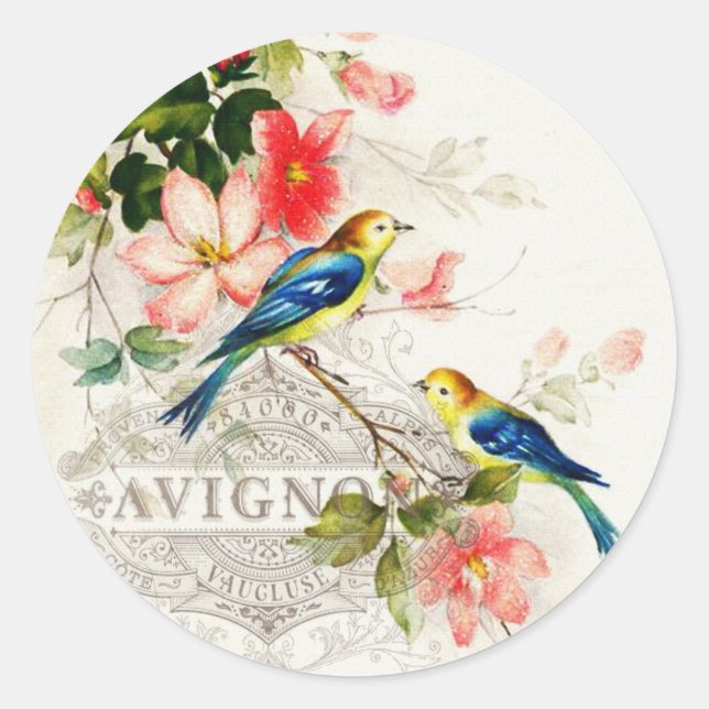 Vintage Romantic French Birds Stationary Classic Round Sticker (Front)