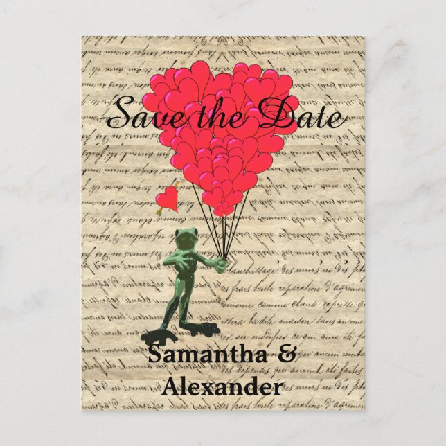 Vintage romantic frog save the date announcement postcard (Front)