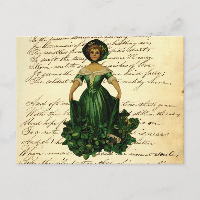 Vintage Romantic Irish Clover Dress Lady Postcard (Front)