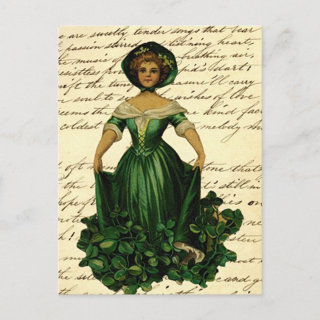 Vintage Romantic Irish Clover Dress Lady Postcard (Front)