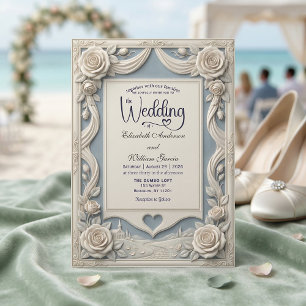 Vintage Romantic Neoclassical Blue 3D Rose  Invitation