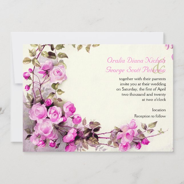 Vintage romantic painting of pink roses wedding invitation (Front)