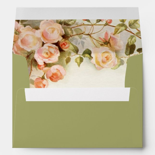 Vintage romantic painting of roses green wedding envelopes (Back (Bottom))