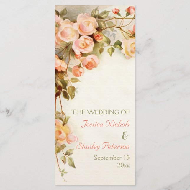 Vintage romantic painting of roses wedding program (Front)