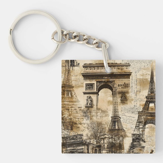 Vintage Romantic Paris France Eiffel Tower  Keychain (Front)