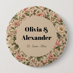Vintage Romantic Peony & Rose Garden Pattern 4 Inch Round Button