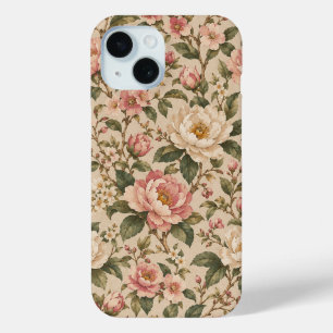 Vintage Romantic Peony & Rose Garden Pattern iPhone 15 Case