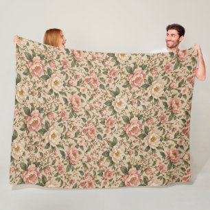 Vintage Romantic Peony & Rose Garden Pattern Fleece Blanket