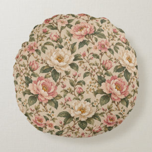 Vintage Romantic Peony & Rose Garden Pattern Round Pillow