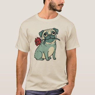Vintage Romantic Pug Dog Holding Red Rose T-Shirt