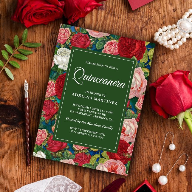 Vintage Romantic Red Roses Floral Quinceanera Invitation (Creator Uploaded)