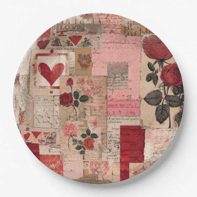 Vintage Romantic Rose Collage (1) Paper Plate (Front)