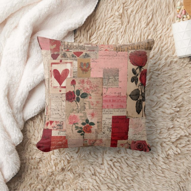 Vintage Romantic Rose Collage (1) Throw Pillow (Blanket)