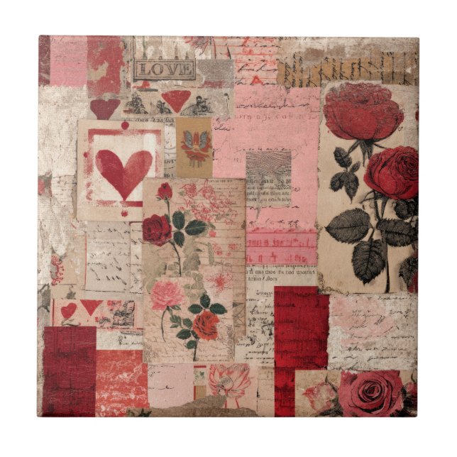 Vintage Romantic Rose Collage (1) Tile (Front)