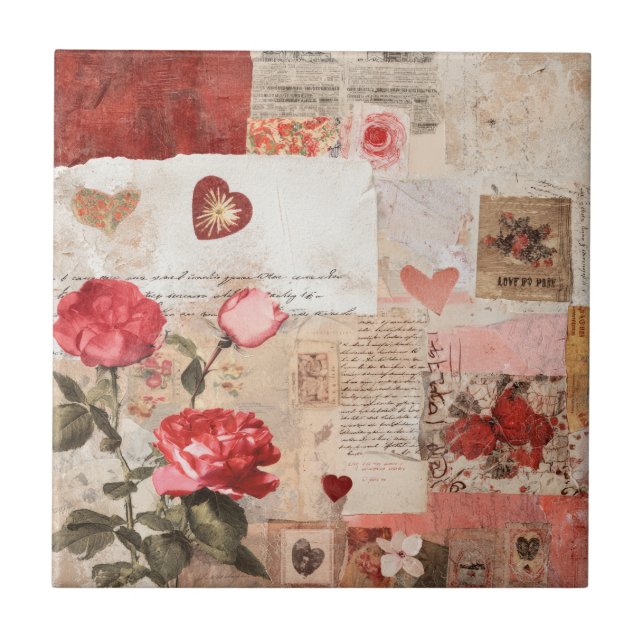 Vintage Romantic Rose Collage (3) Tile (Front)