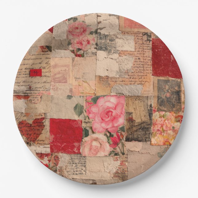 Vintage Romantic Rose Collage (5) Paper Plate (Front)