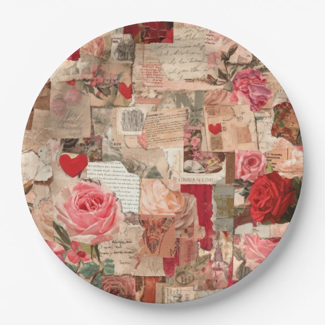 Vintage Romantic Rose Collage (7) Paper Plate (Front)