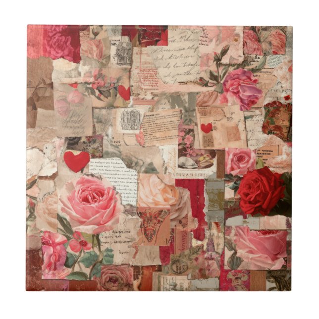 Vintage Romantic Rose Collage (7) Tile (Front)