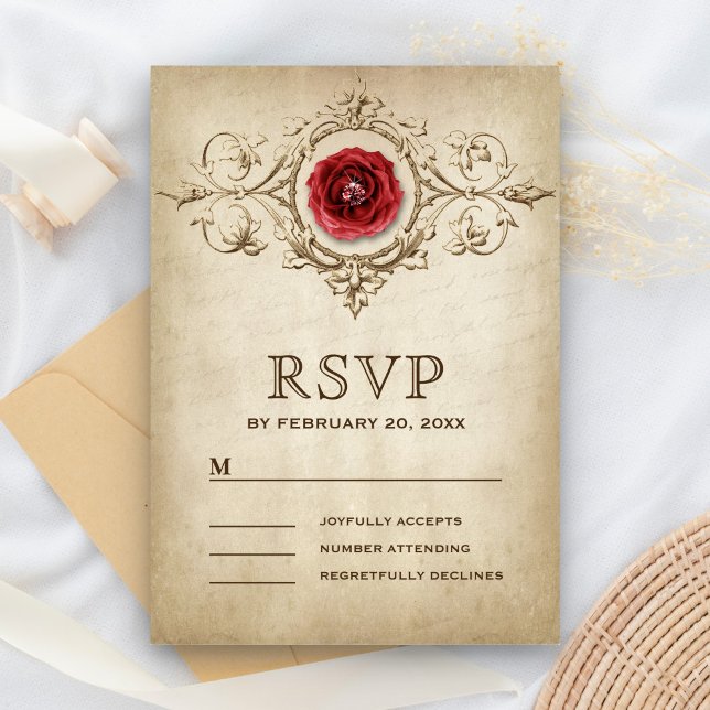 Vintage Romantic Rose Flourish Wedding RSVP Card (Creator Uploaded)