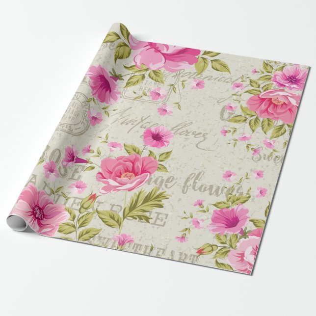 Vintage Romantic Rose Wrapping Paper Roll (Unrolled)