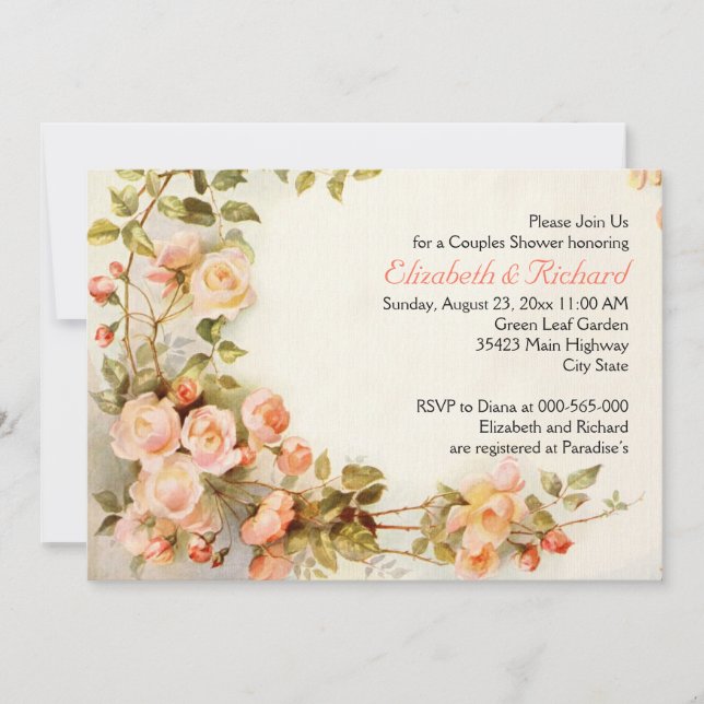 Vintage romantic roses wedding couples shower invitation (Front)
