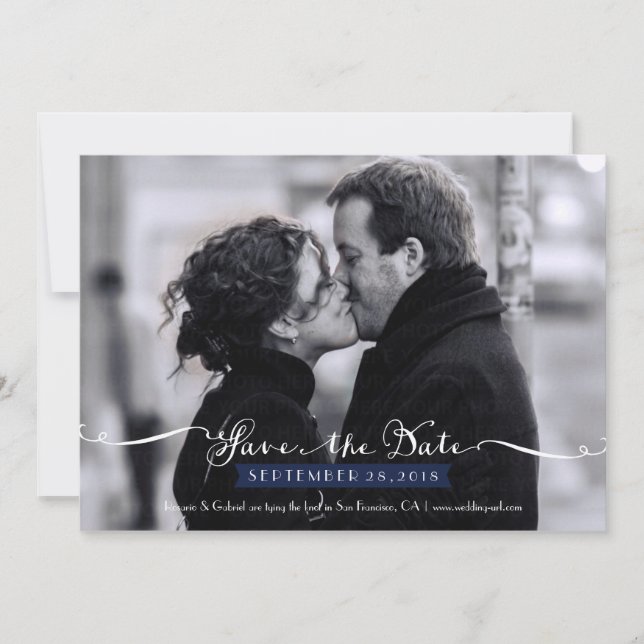 Vintage Romantic Script (Navy) Photo Save the Date (Front)