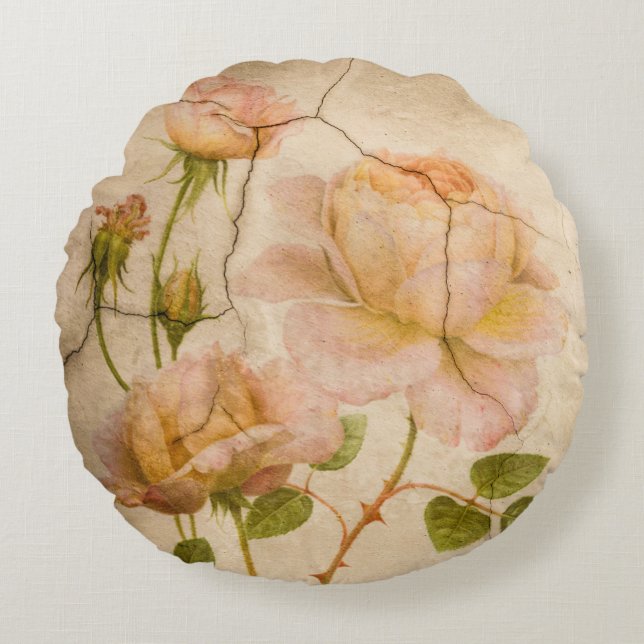 Vintage Romantic Shabby Chic Pink Peonies Round Pillow (Front)