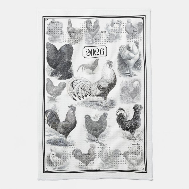 Vintage Rooster 2026 Calendar Kitchen Towel (Vertical)
