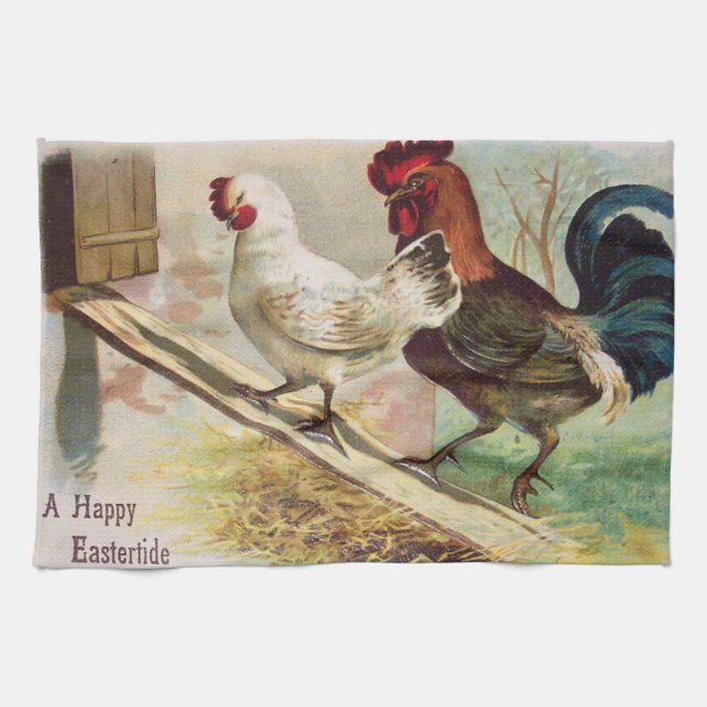Vintage Rooster And Chicken Easter Kitchen Towel (Horizontal)
