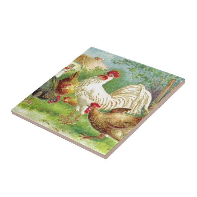 Vintage Rooster and Chickens Tile (Side)