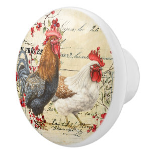 Vintage Rooster and Hen Ceramic Knob