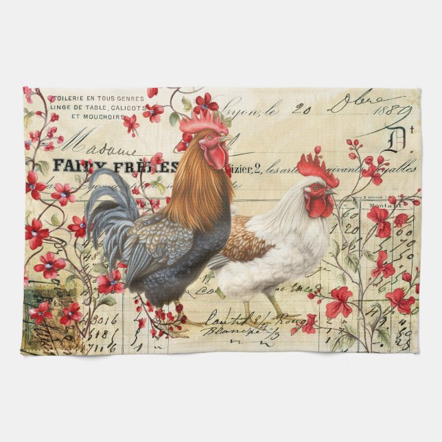 Vintage Rooster and Hen Ephemera Kitchen Towel (Horizontal)