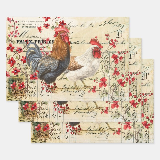 Vintage Rooster and Hen Ephemera Wrapping Paper Sheet (Set)