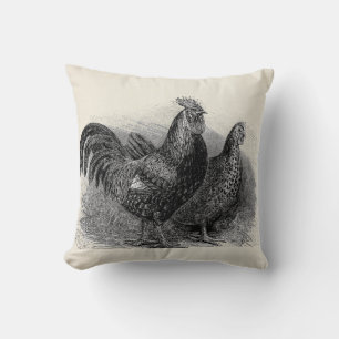 Vintage rooster and hen faux linen farmhouse throw pillow