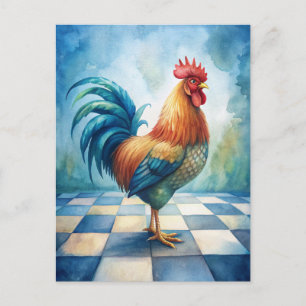 Vintage Rooster Blue White Checkered  Postcard