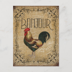 Vintage Rooster Bonjour Paris Postcard