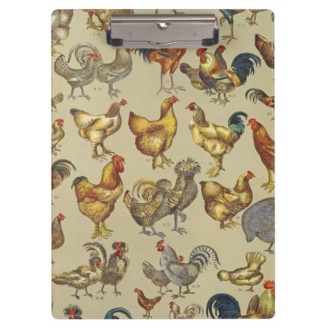 Vintage Rooster Chicken Pattern: Farmhouse Art Clipboard (Front)