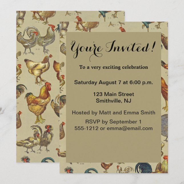 Vintage Rooster Chicken Pattern: Farmhouse Art Invitation (Front/Back)