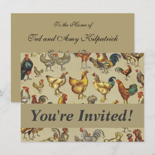 Vintage Rooster Chicken Pattern: Farmhouse Art Invitation