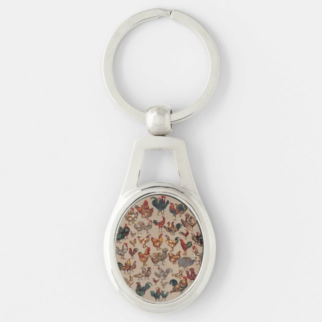 Vintage Rooster Chicken Pattern: Farmhouse Art Keychain (Front)