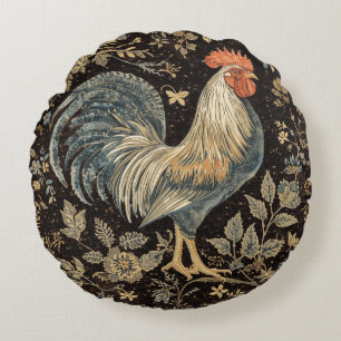 Vintage Rooster, Florals Pattern,Black Background Round Pillow