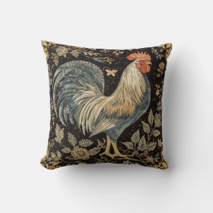 Vintage Rooster, Florals Pattern,Black Background Throw Pillow