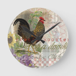 Vintage Rooster French Collage Art Round Clock