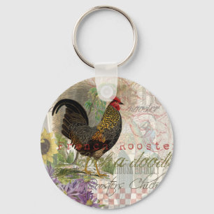 Vintage Rooster French Collage Artwork Print Keychain