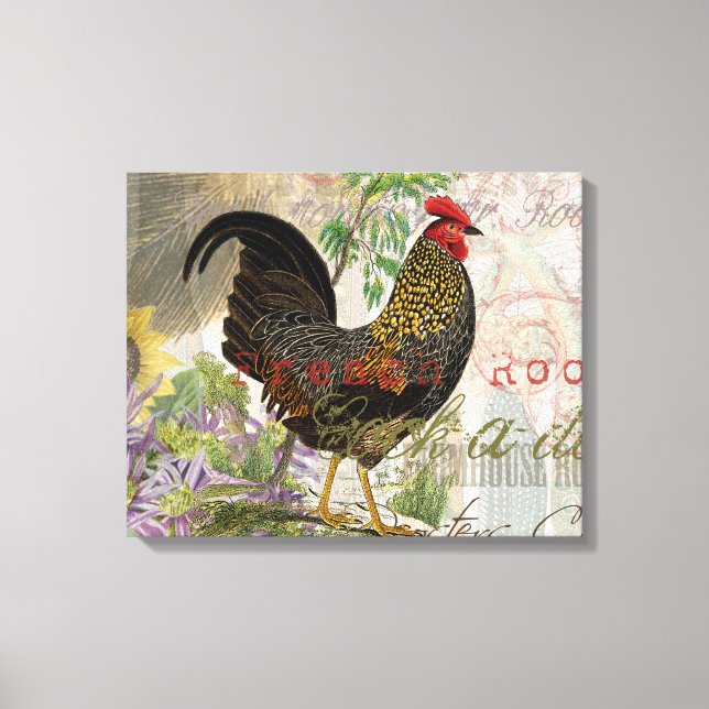 Vintage Rooster French Collage Farm Pet Canvas Print (Front)