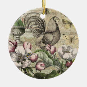 Vintage Rooster Garden Collage Art: French Country Ceramic Ornament