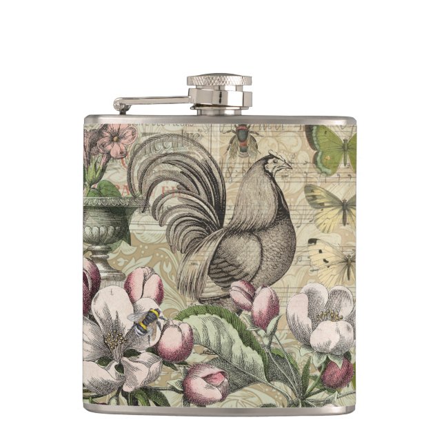 Vintage Rooster Garden Collage Art: French Country Hip Flask (Front)
