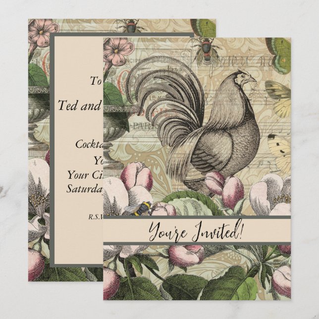 Vintage Rooster Garden Collage Art: French Country Invitation (Front/Back)